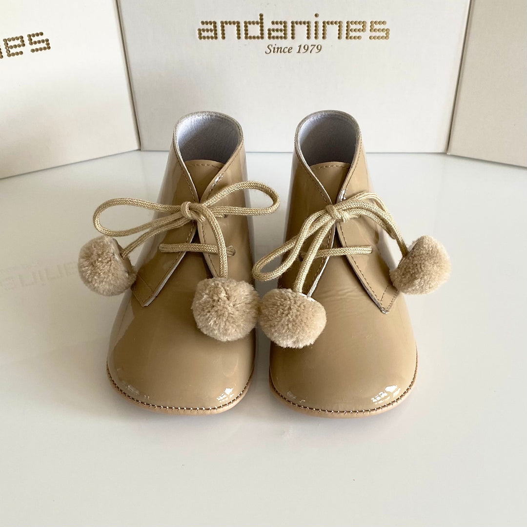 Andanines Camel Leather Patent Soft Sole Pram Pom Pom Boots 161045C